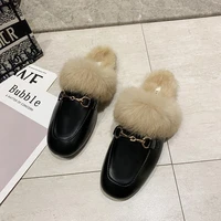 autumnwinter new real fur metal buckle mules women shoes loafers pregnant shoes women furry slides fluffy baotou slippers