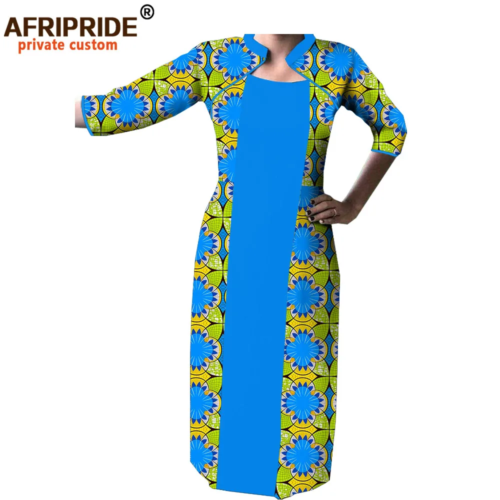 spring african dresses for women AFRIPRIDE three quarter sleeves mid-calf length straight casual cotton dress A7225120 | Женская одежда