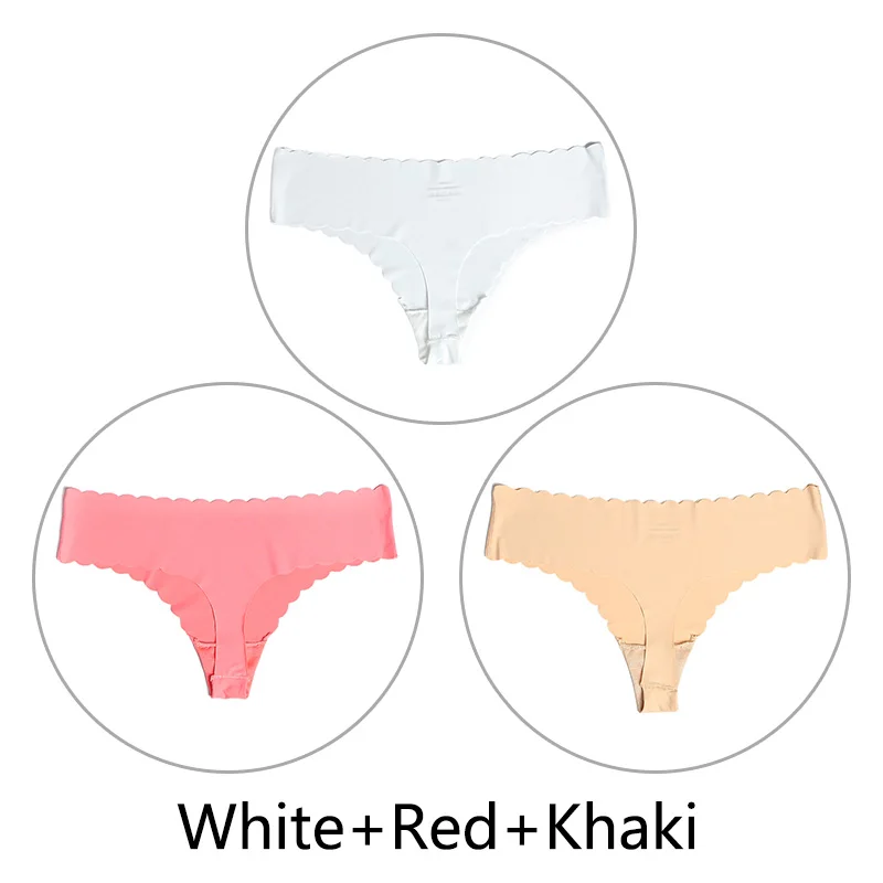 White Red Khaki 3 шт./партия ультра-тонкий открытый Шелковый бесшовный стринги с низкой посадкой, цельные сексуальные трусики-стринги, нижнее белье для женщин, танга XS-L, американский размер - Цвет: White Red Khaki