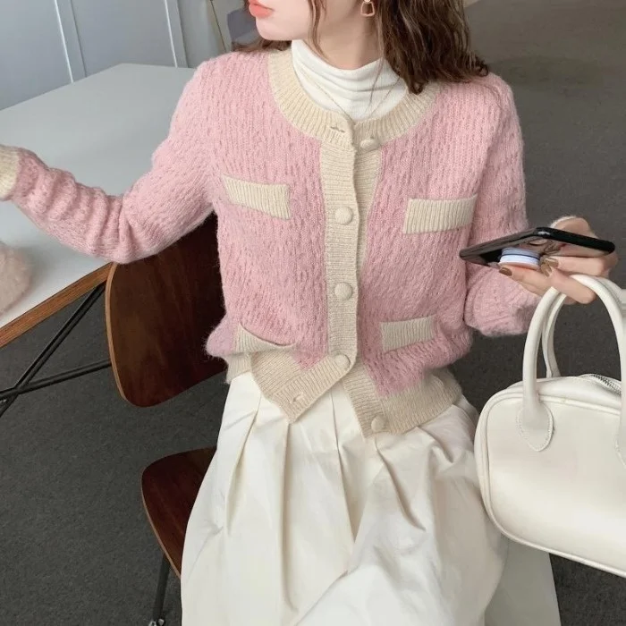 

Корейский шикарный элегантный нежный контрастный цвет с круглым вырезом и длинным рукавом однобортный свободный женский стиль