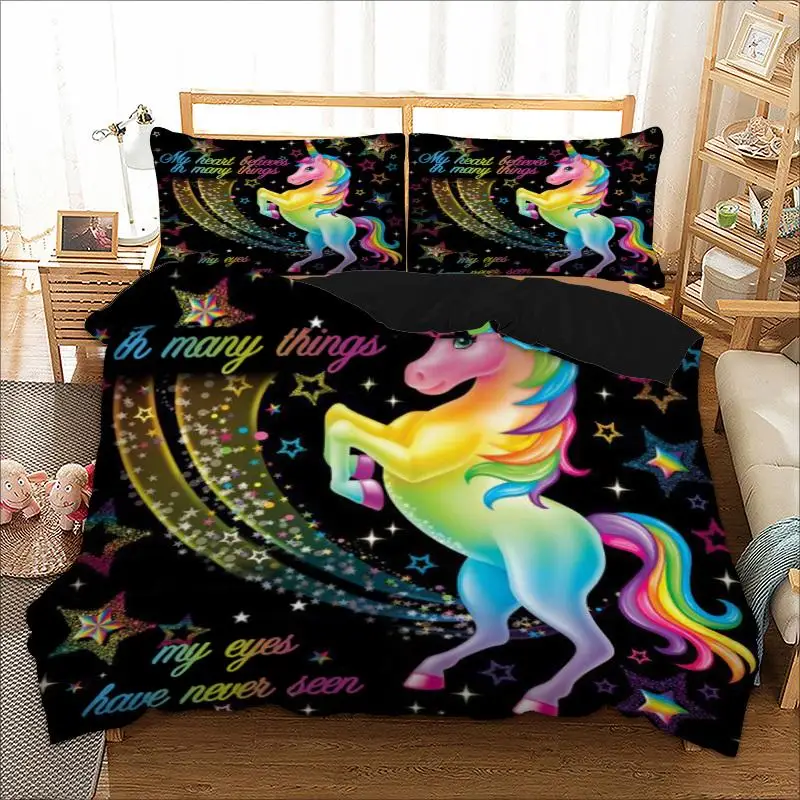 

49 3d Rainbow unicorn bedding set kids duvet cover set Pillowcases Comforter Children festvail gift black queen king size