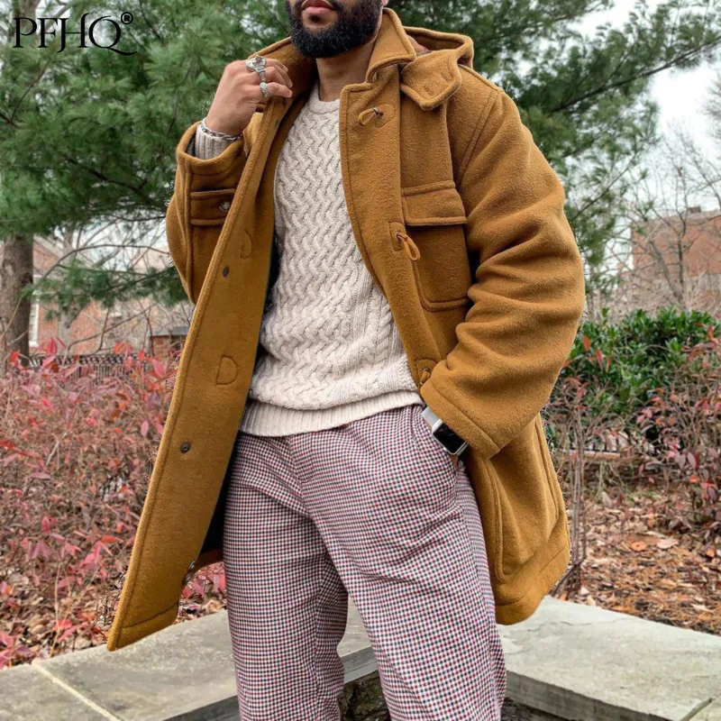 

PFHQ 2021 New Men's Winter Fashion European And American Trend Mid-length Solid Color Slim Lapel Horn Button Woolen Coat 21A1290