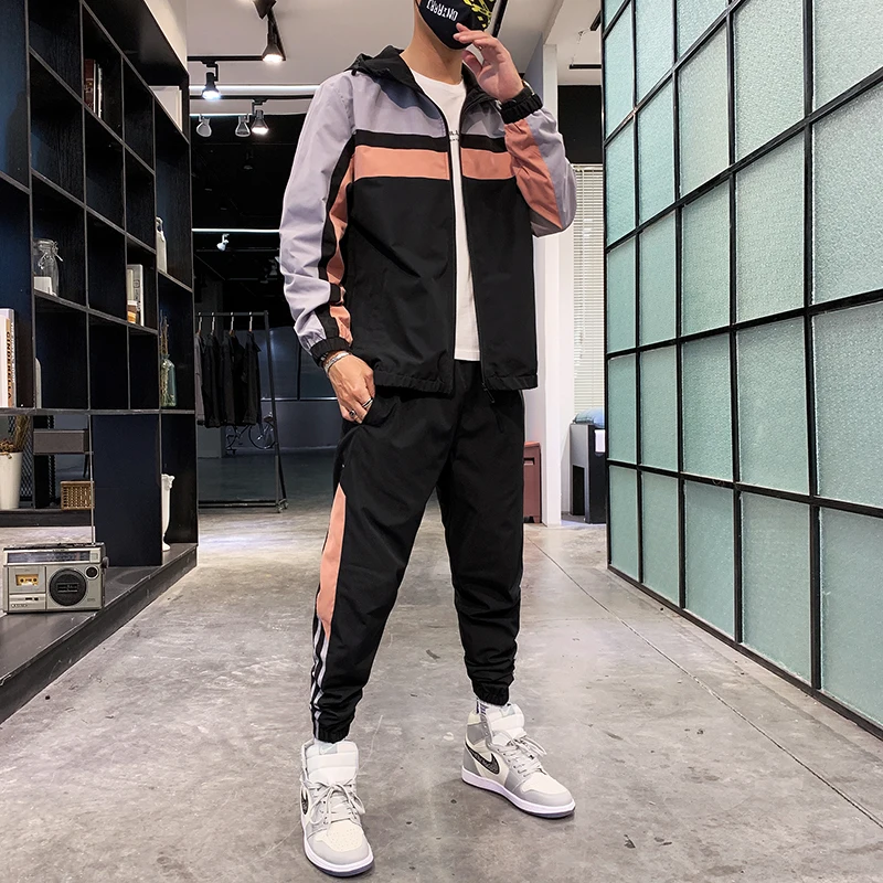 

Комплект спортивный мужской повседневный в стиле пэчворк, кофта на молнии и брюки, уличная одежда в стиле хип-хоп, весна-осень