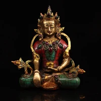 8tibet buddhism old bronze outline in gold painted gem white tara sitting buddha incarnation of avalokiteshvara enshrine