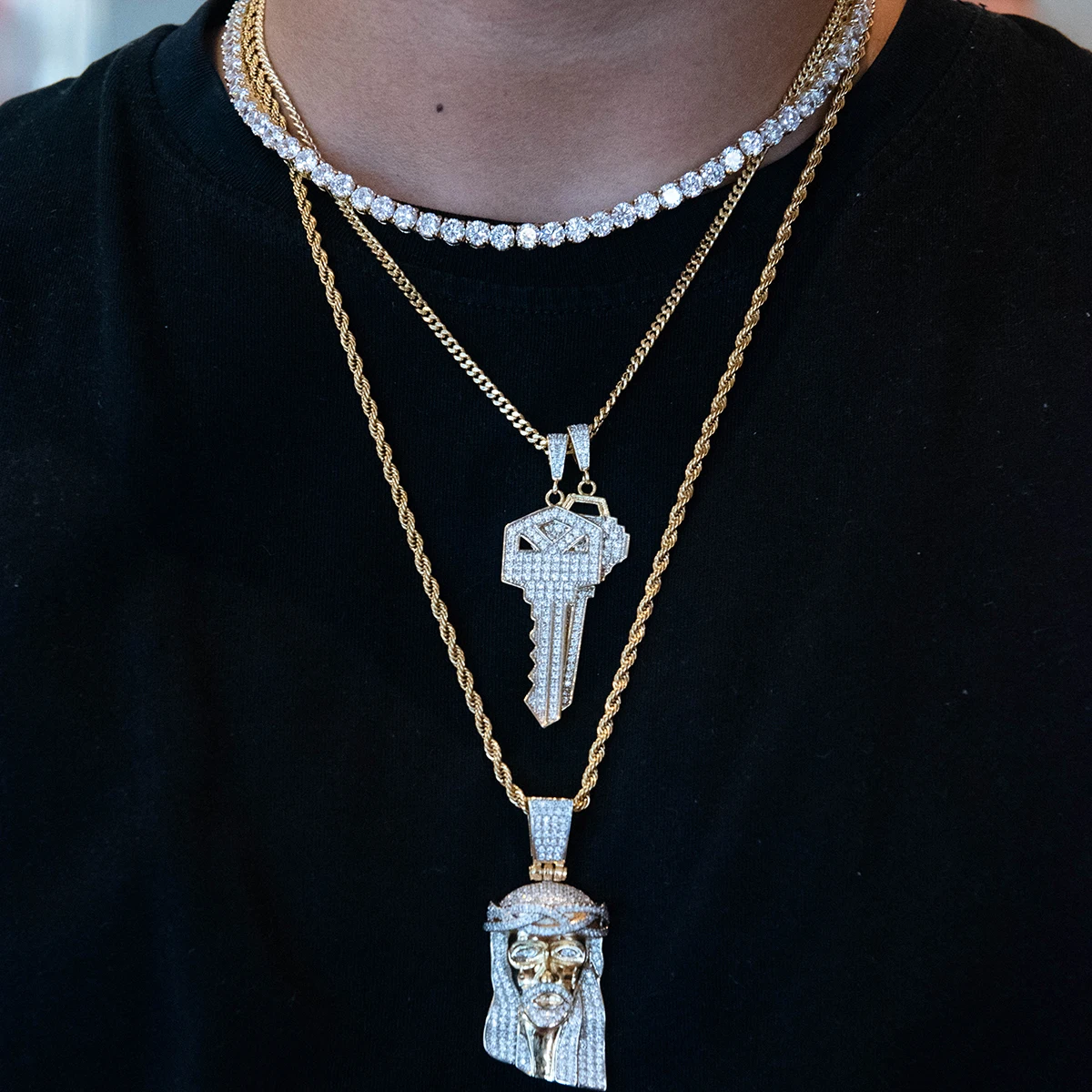 JINSE Hip Hop Cubic Zirconia Necklace Men Fashion Rhinestone Key Pendant Free Cuban Chain Jewelry Gift | Украшения и аксессуары