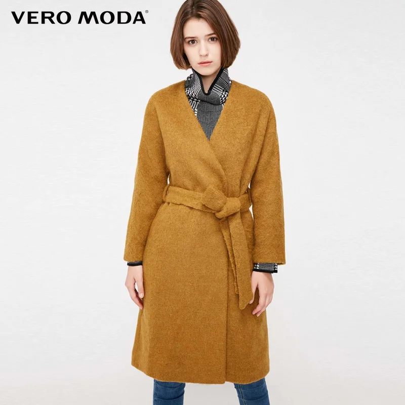 Vero Moda Женское зимнее шерстяное пальто средней длины с v образным вырезом и