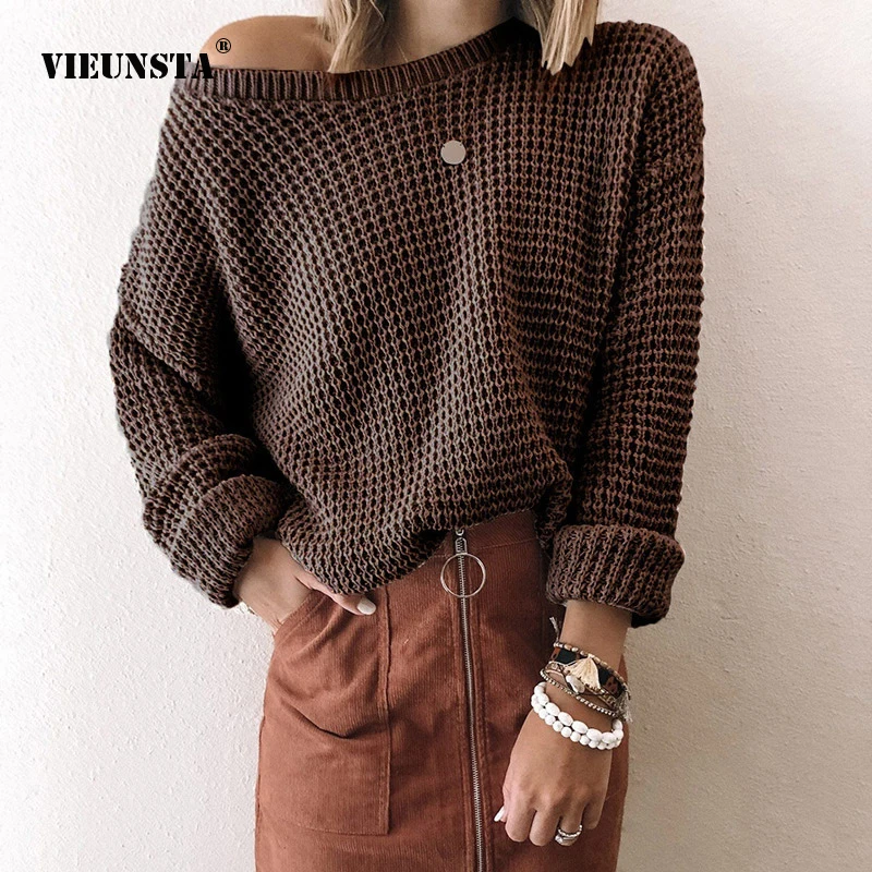 

VIEUNSTA Women's Fashion Sweater Loose Diagonal Collar Long Sleeve Knitting Top Retro Hedging Sweater Autumn Winter Street Style