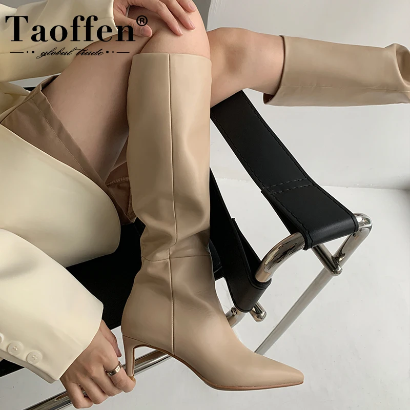 

Женские сапоги без застежки Taoffen, Клубные зимние сапоги до колена размеров 33-43 из натуральной кожи с острым носком и вечерние тонком каблуке
