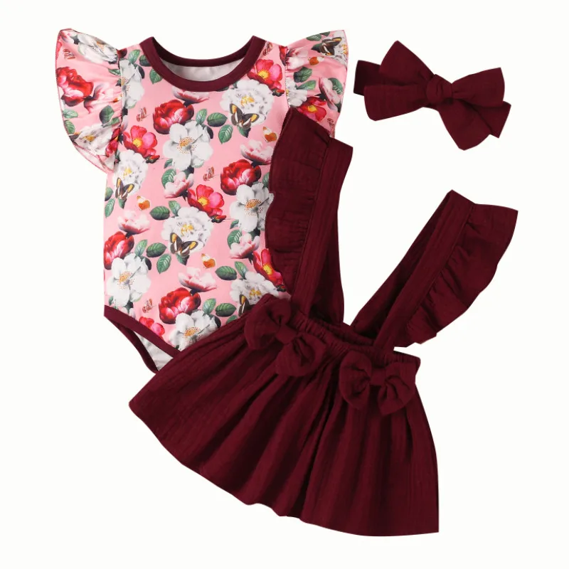 

Юбка для маленьких девочек s Костюм из трех предметов модный боди с цветочным рукавом и Однотонная юбка на бретелях с повязкой на голову лет...