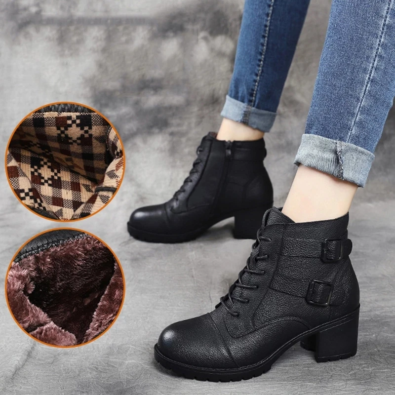 

CEYANEAO Winter Genuine Leather Mid Heel Boots For Women Spring Shoes Lace Up Chunky Heel Short Bootie Zipper Buckle Martin Boot