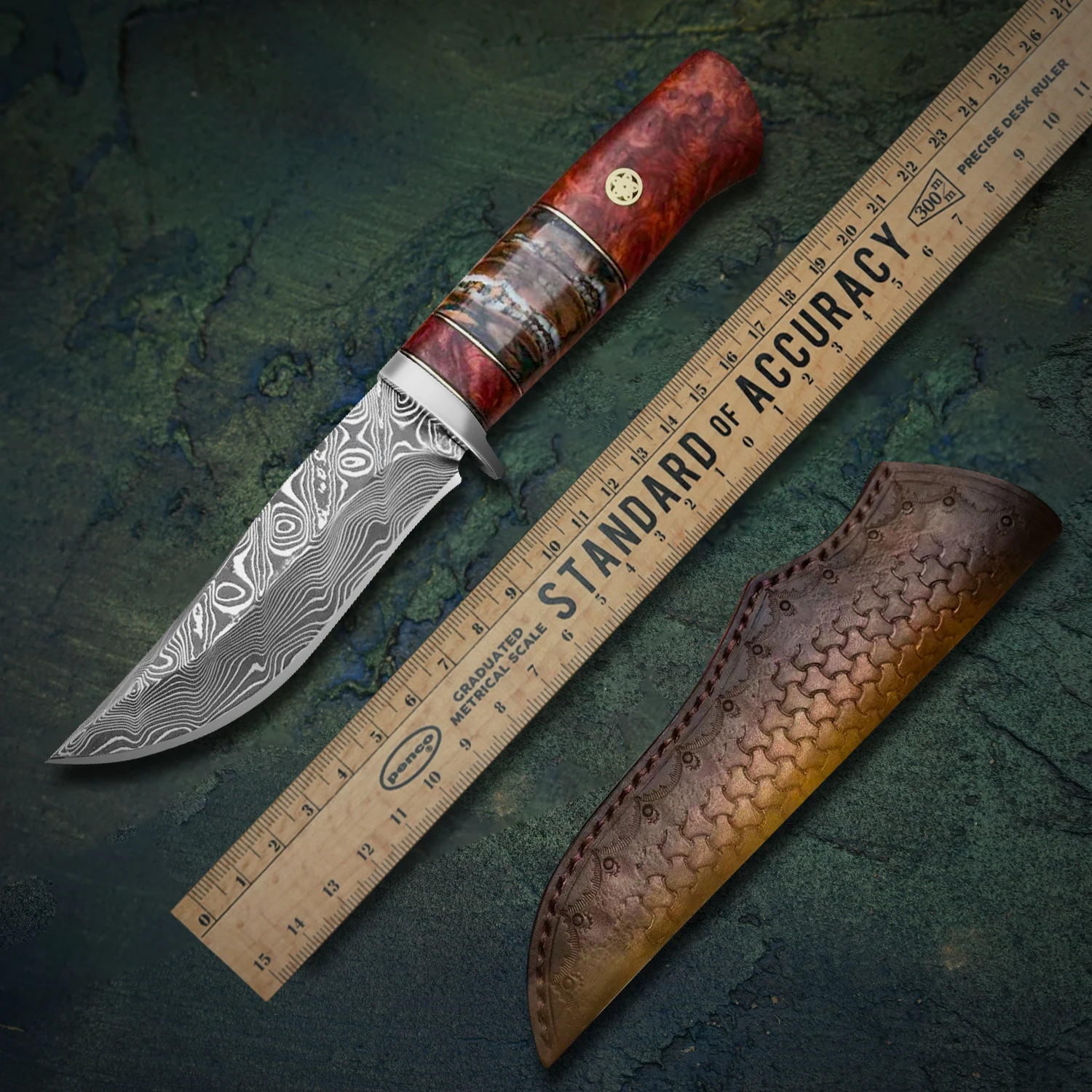 

TURENZ Damascus Fixed Balde Knife with Leather Sheath Outdoor Camping Survival Tactical Straight Hunting Knives Tool Collection
