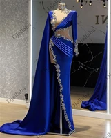 blue dress women satin high neck one shoulder appliques crystal evening dresses long luxury 2021 robe side split mermaid