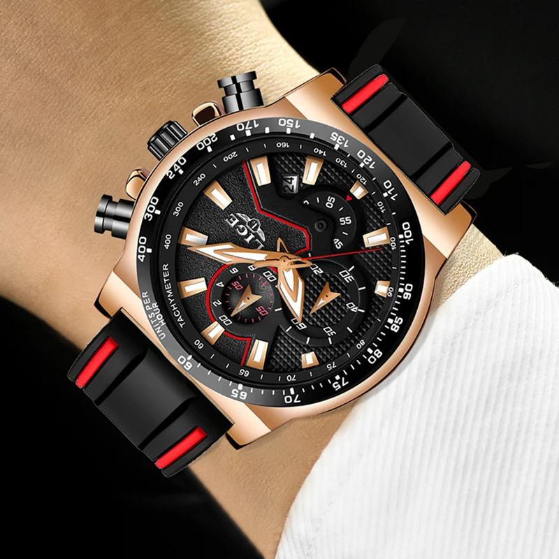 Часы LIGE мужские кварцевые водонепроницаемые с силиконовым ремешком|Кварцевые