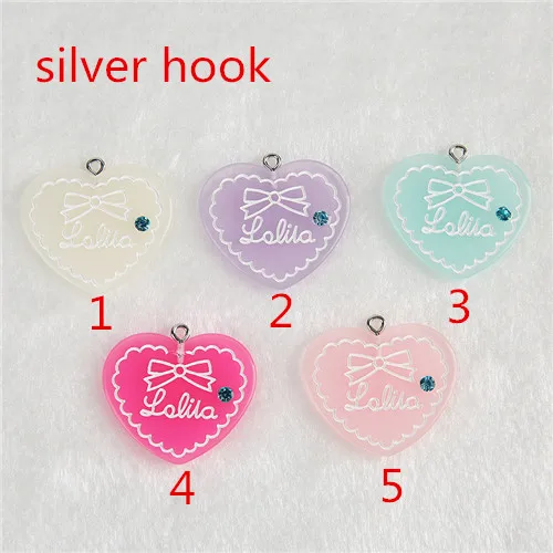 silver hook 15cps/лот 31*27 мм модные блестящие плоские пластмассовые ювелирные изделия в форме сердца ожерелье Подвески на брелки для ключей для украшения своими руками - Окраска металла: silver hook