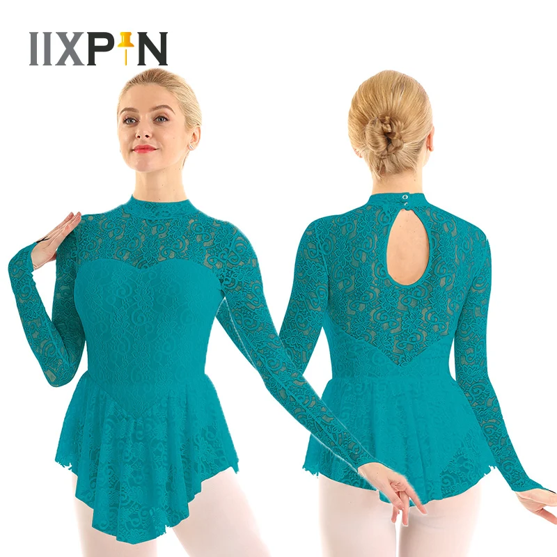 

Women Ballet Leotard Dress Ice Skating Dress Mock Neck Long Sleeve Lace Figure Roller Skating Dress For Women Dance Costumes
