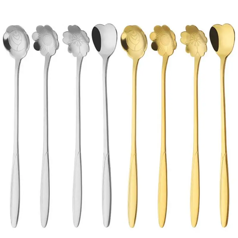 

8pcs Tea Coffee Mixing Spoon Gold Spoon Long Handle Dessert Stainless Steel Vintage Teaspoons Drink Tableware Flowers Design