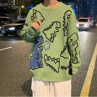 oversize green sweater women fashion y2k dinosaur printed top harajuku 90s knit sweater loose casual pullover winter jumper
