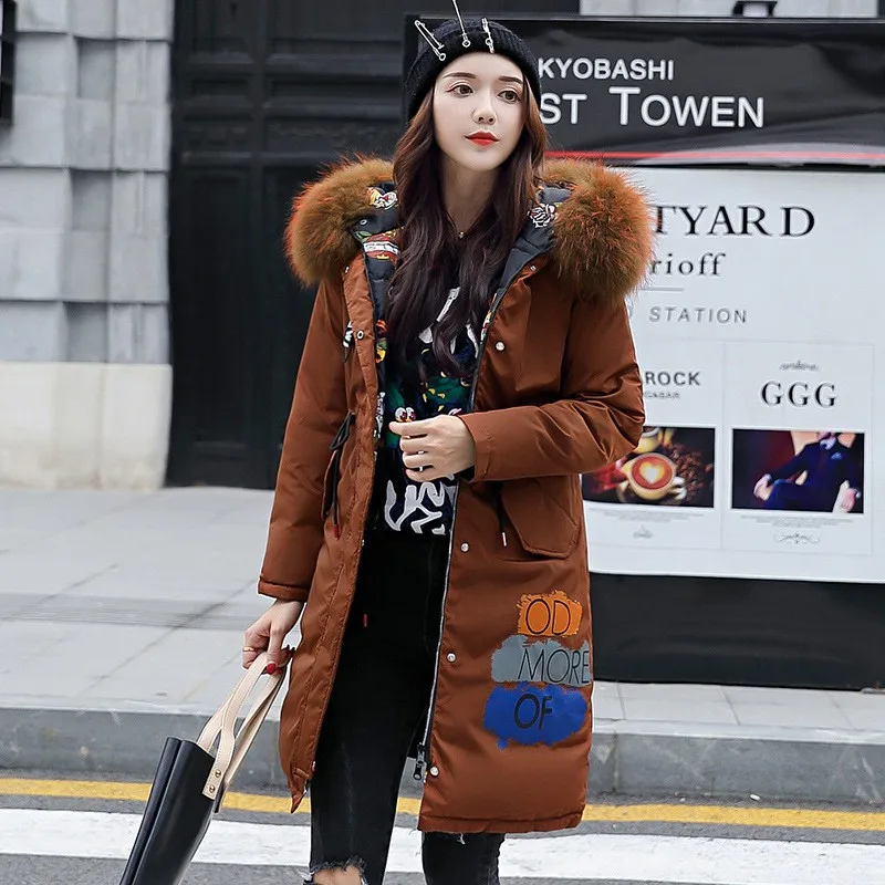 

Winter Women Cotton Parkas Coat Faux Fur Hoody 2 Side wearing Lady Warm Long Outwear LF2193