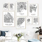 Черно-белая карта города, Токио, Сидней, Бостон, настенная Картина на холсте, скандинавские постеры и принты, настенные картины для декора гостиной