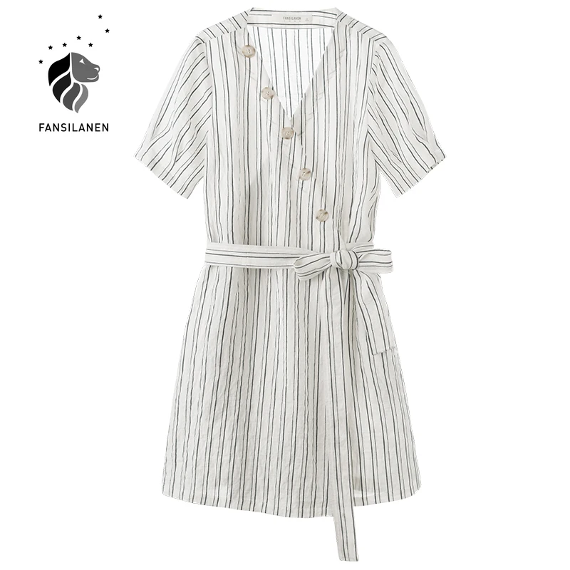 

FANSILANEN Sexy short sleeve striped short dress Women spring summer boho wrap dress Female v neck banfage elegant office dress