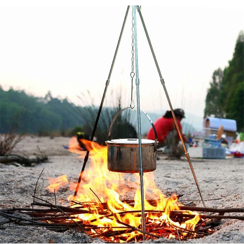 

Outdoor Camping Bbq Hanging Tripod Portable Folding Picnic Grill Camping Tripod Set Pot Hanger Campfire Bracket Cycling Travel E