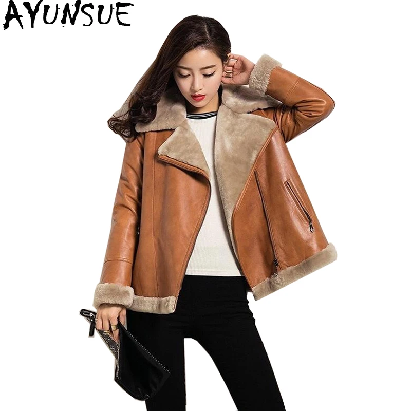 

AYUNSUE Real Leather Jacket Winter Coat Women Natural Lamb Fur Coat Female Genuine Sheepskin Coat Streetwear Bomber Jackets 1506