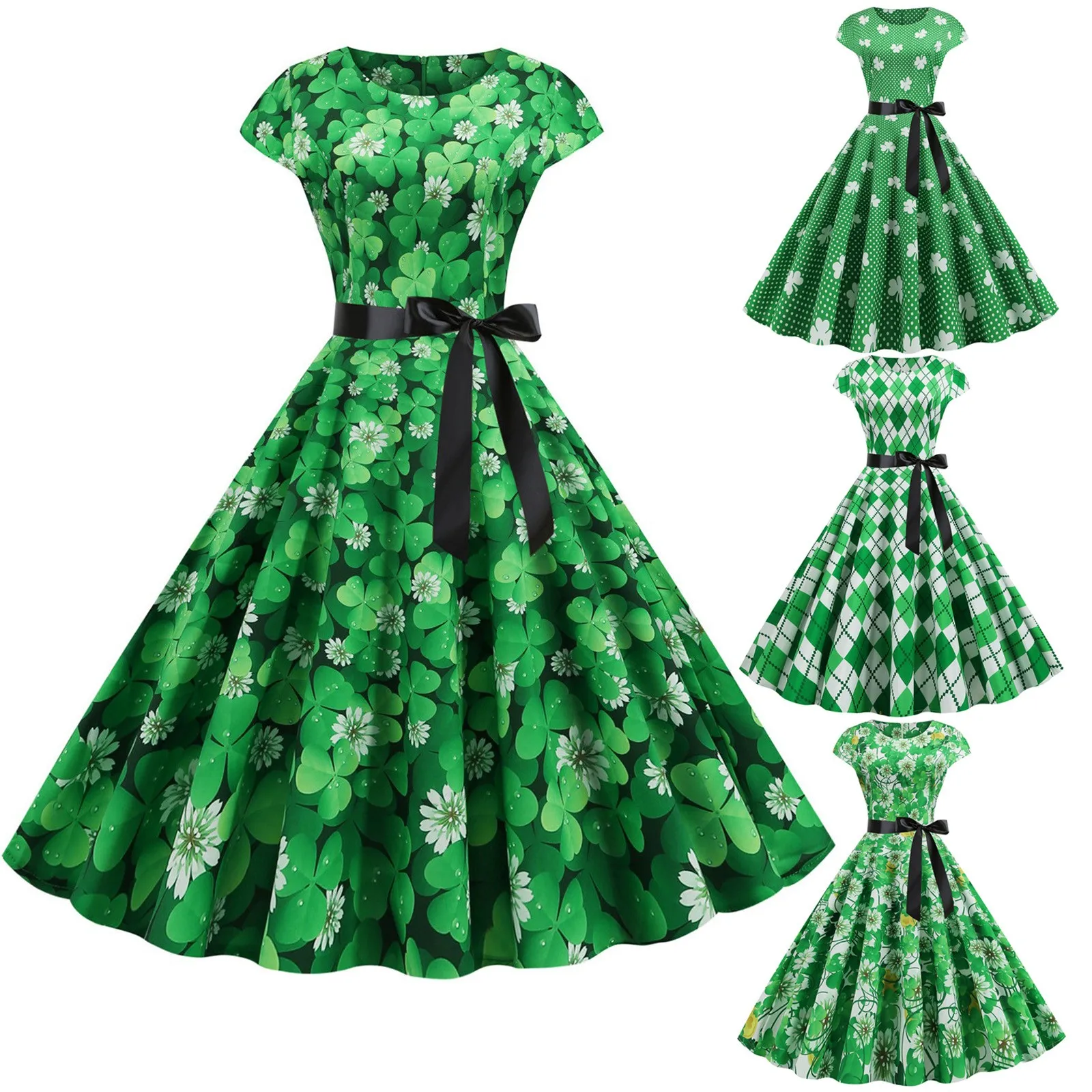 

2021 Vintage Fashion Women St. Patrick's Day Retro O-Neck Printed Short-Sleeve Big Swing Dress Printed Green Knee-Length Bud LW