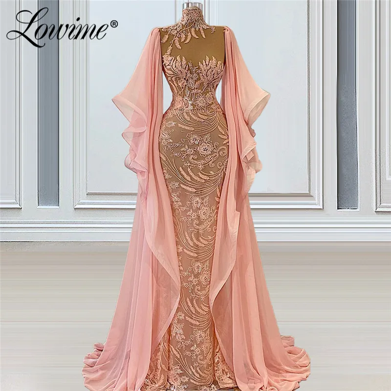 

Lowime 2021 Robes Pink Dubai Long Sleeves Middle East Evening Dress Illusion Flowers Ayaba Arabic Party Gowns Mermaid Prom Dress