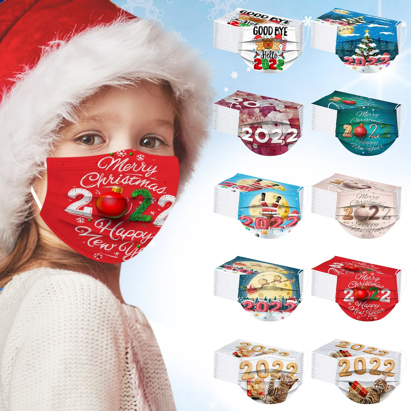

50pcs Kids Mask Christmas Disposable Face Masks Industrial 3ply Mask Xmas Protect 3layer Masks For Girls Boys Earloop Bandage