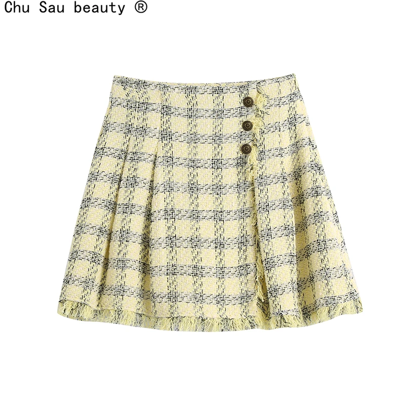 

2021 Summer New Prairie Chic Plaid Texture Short Wide Pleated Mini Skirt For Women Buttons Fashion Vintage Female