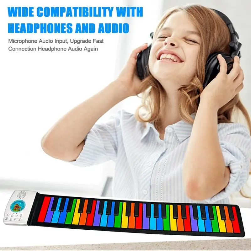

Roll Up MIDI Flexible Piano 49 Keys Silicone Portable Foldable Colorful Soft Keyboard Electronic Piano Rainbow Key Rechargable