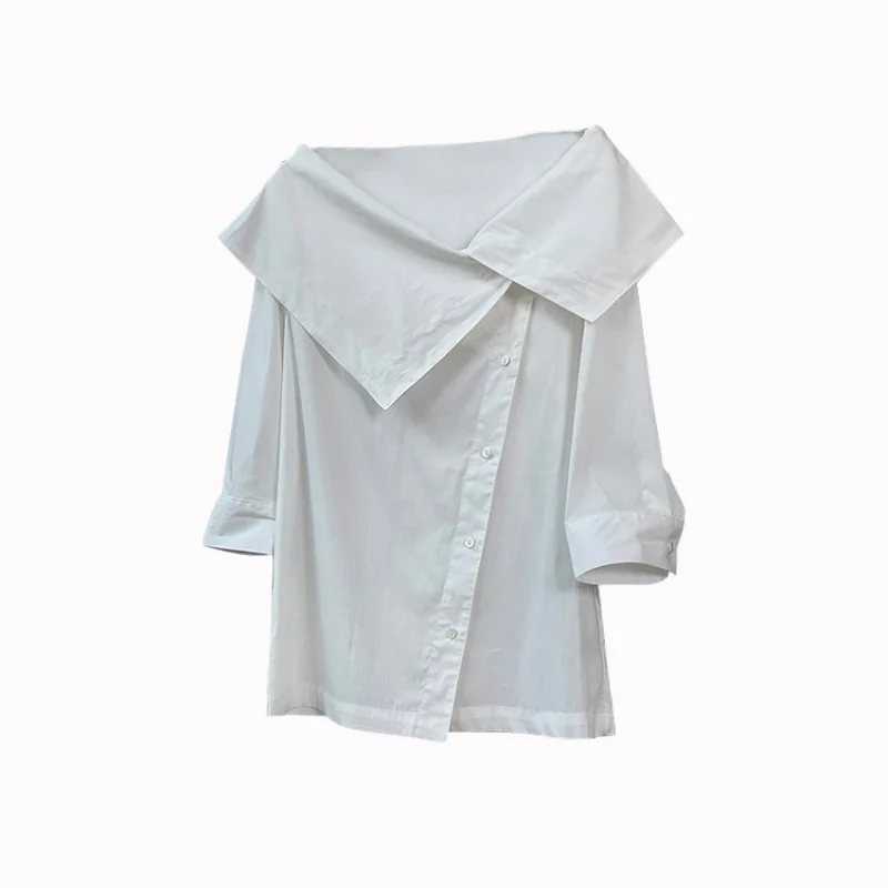 

2021 New Elegant French Temperament Summer Shirt Women Large Lapel Button Up Short Sleeve White Blouse Loose Tops Camisas Mujer