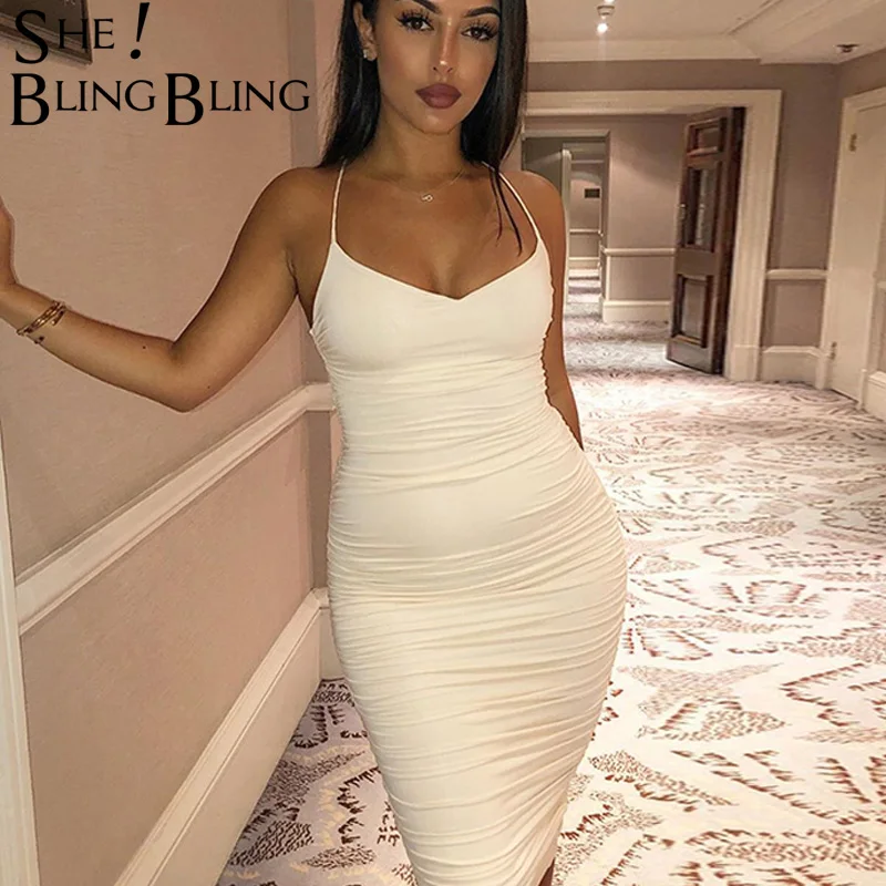 SheBlingBling Спагетти ремни сексуальное Ruched Bodycon Бандажное платье женское летнее платье сзади на шнуровке повседневные миди женские платья