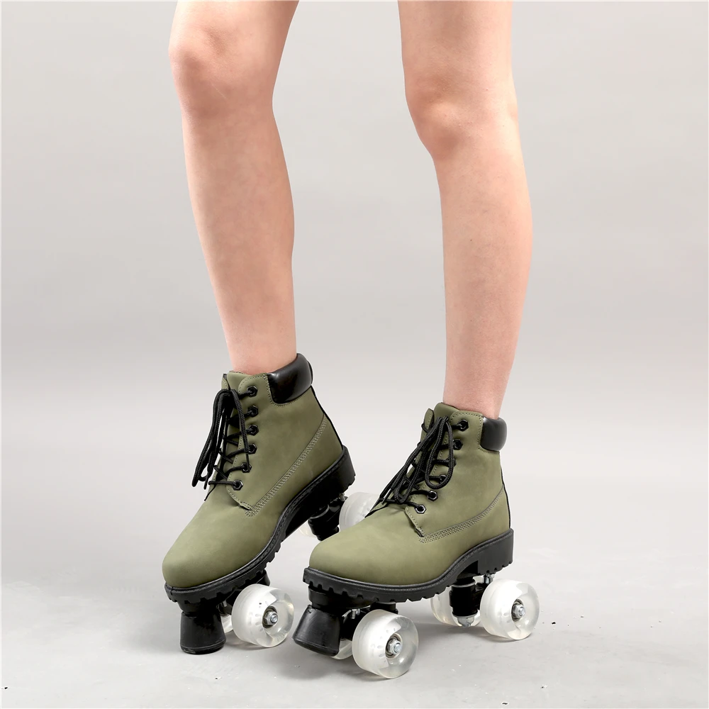 Женские роликовые коньки из экокожи зеленый цвет 4 колеса патины два ряда для