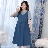 summer korean fashion maternity long dress plaid patchwork a line clothes for pregnant women pregnancy clothing