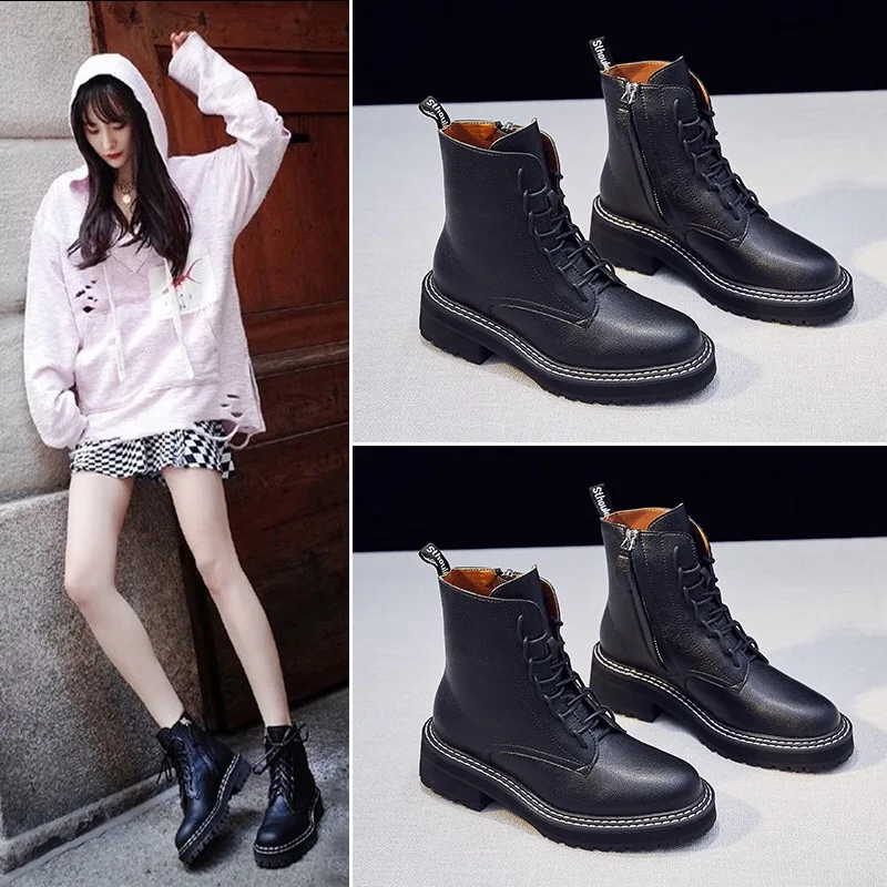 Ботинки женские из натуральной кожи Осенние черные на шнуровке высоком каблуке