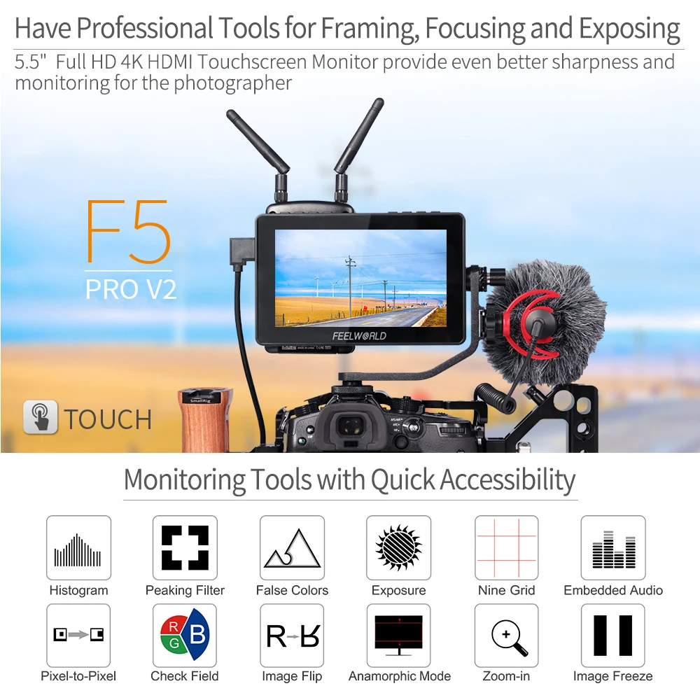 Сенсорный экран FEELWORLD F5 PRO V2 5 '' 3d монитор LUT для камеры настройка беспроводного