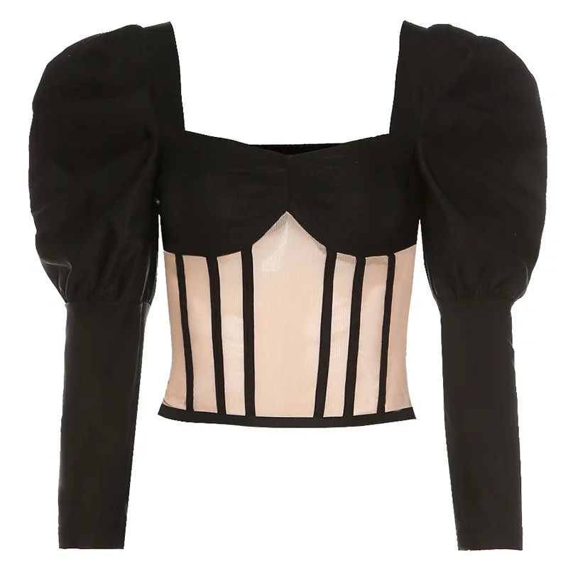 

FAKUNTN Woman T-Shirt Crop Top Woman Clothing Female Sexy Mesh Patchwork Vintage Square Collar Long Sleeve T-Shirt Streetwear