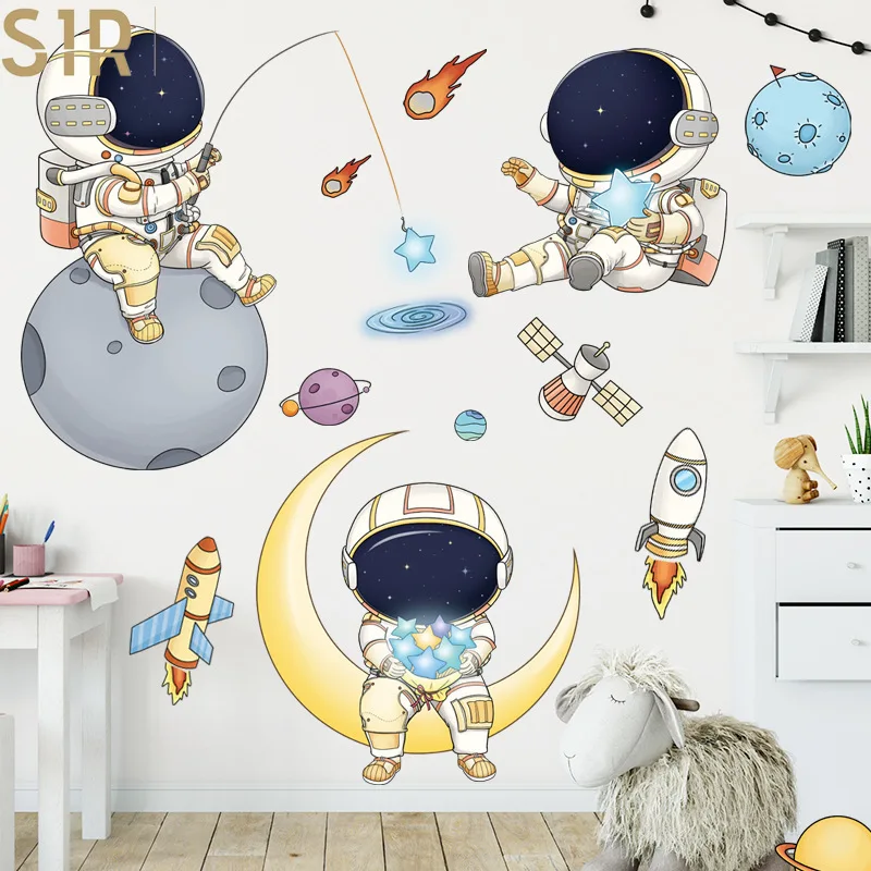 

Outer Space Astronauts Wall Stickers for Children's Room Kindergarten Cosmic Starry Sky Cartoon Cute Spacecraft Waterproof Decor