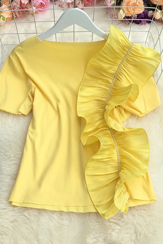 

2021 New Summer Fashion O-neck short sleeve T-Shirt diamonds irregular Ruffles patchwork high waist short solid T-Shirt