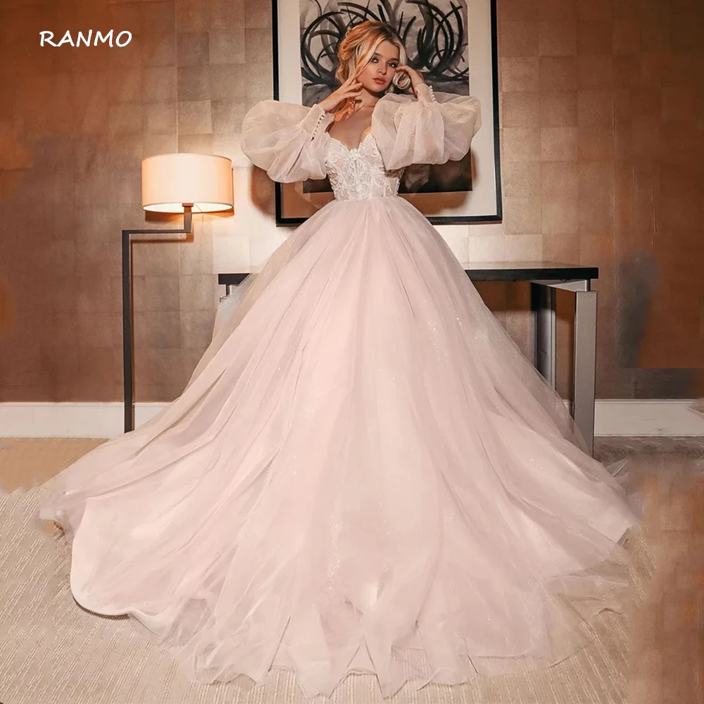 

Женское свадебное платье RANMO, блестящее Тюлевое платье-трапеция с рукавами-фонариками и открытыми плечами, с аппликацией, в стиле бохо, 2021