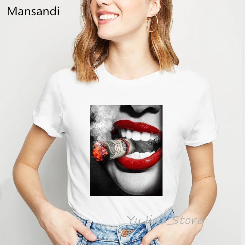 

Ropa mujer 2021 Women vintage t shirt sexy Red lip cigarette printed shirt summer top female grunge aesthetic clothes t-shirt