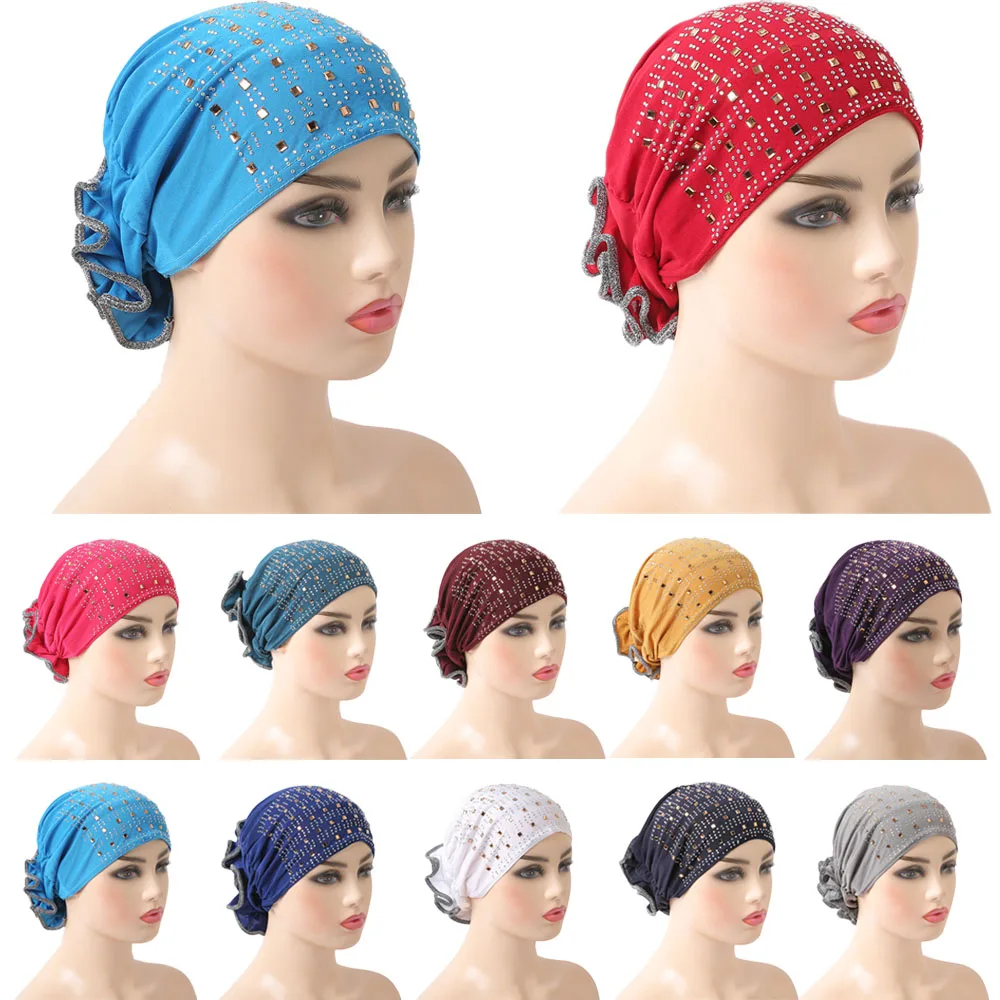 

Flower Muslim Women Underscarf Rhinestone Turban Hair Loss Chemo Cap Islamic Headscarf Arab Bonnet Beanie Underscarf Hat Covers