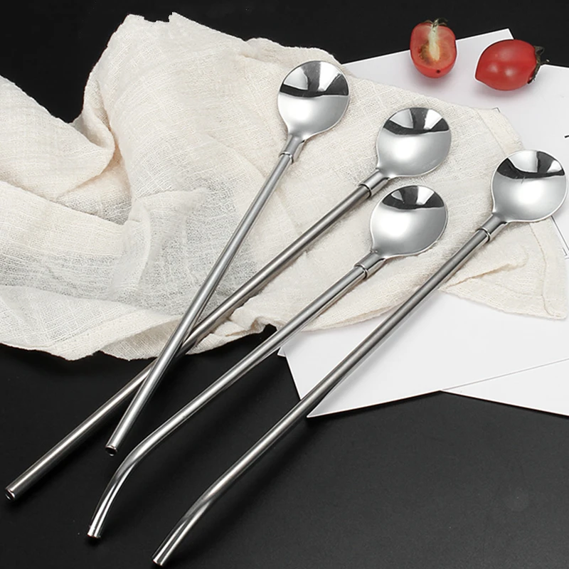 

Long Straight Elbow Tube Straw Spoon Stainless Steel Silver Portable Coffee Teaspoon Kitchen Bar Drinking Accessories Dinnerware