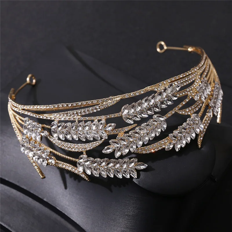 

Baroque Crystal Grain Bride Crowns Tiaras Luxury Golden Rhinestone Crown Bridal Marriage Leaf Hair Accessories Wedding Headband