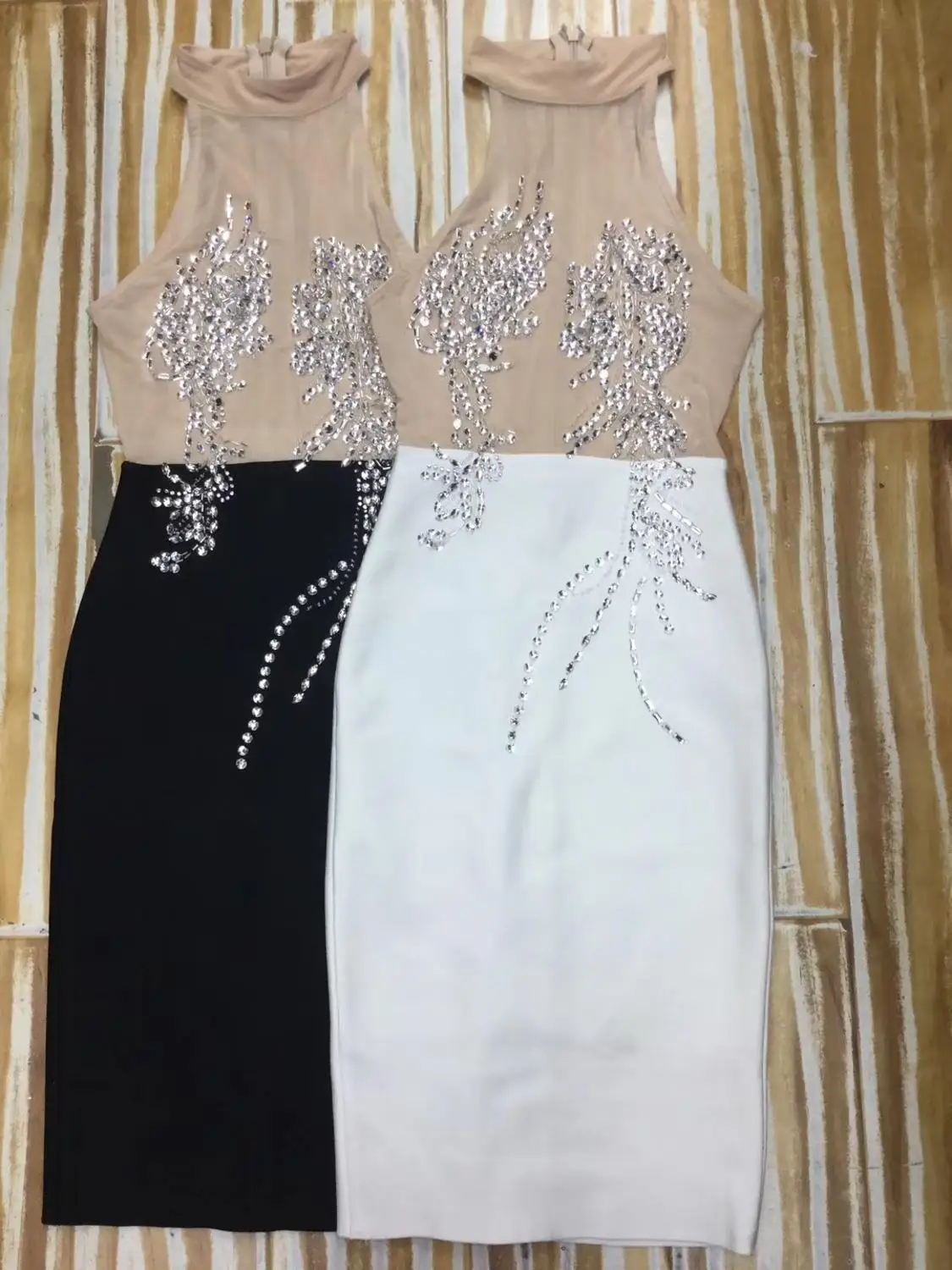 

New Fashion Women Sexy Transparent Beading Crystal Mesh Black White Bandage Dress 2021 Designer Party Dress Vestido