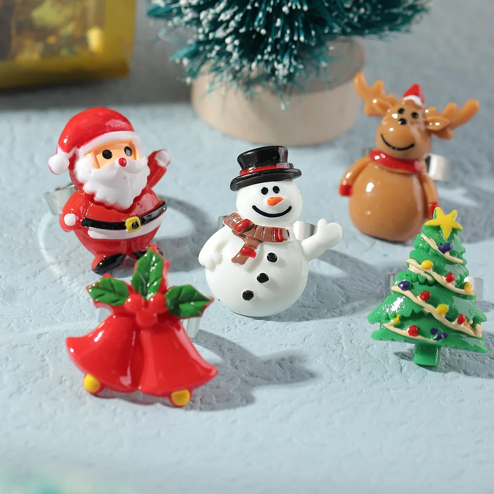 

Merry Christmas Cartoon Resin Rings Creative Cute Elk Santa Claus Snowflake Xmas Tree Bell Finger Ring For Kids Christmas Gift
