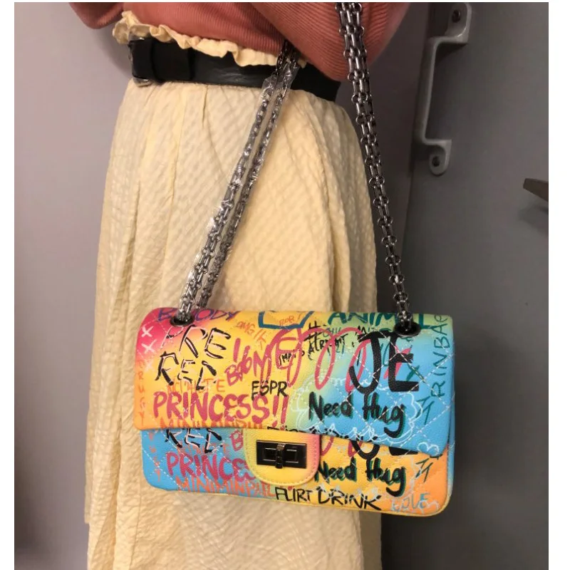 26 см среднего размера красочная Радужная сумка с граффити для женщин 2019
