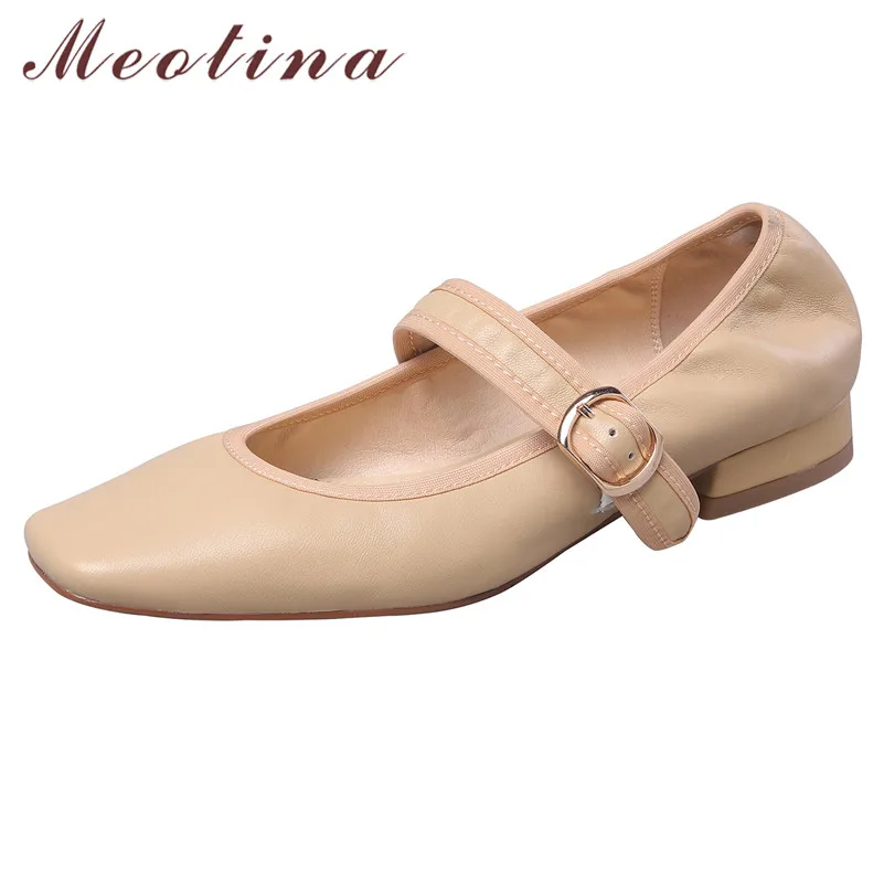 

Meotina Mary Janes Shoes Women Natural Genuine Leather Low Heels Pumps Fashion Square Toe Shoes Buckle Strap Lady Footwear Beige