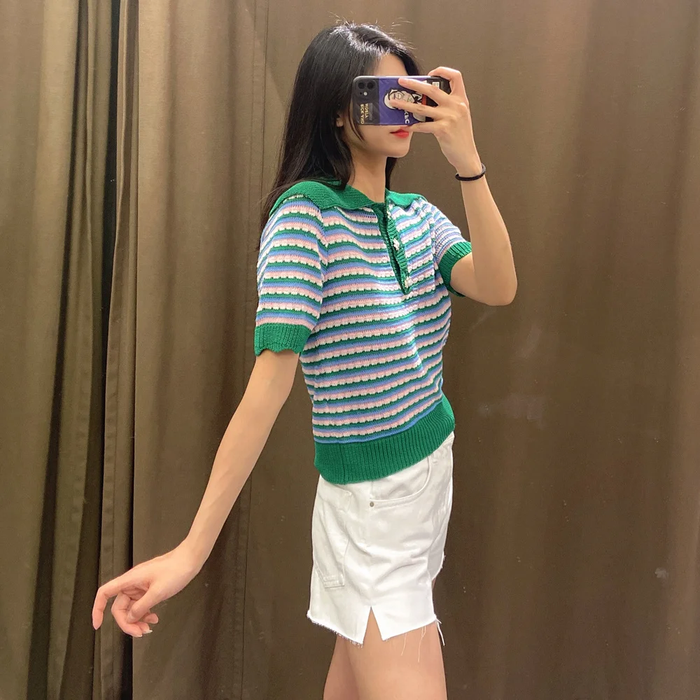

Jewelry button knit top POLO shirt
